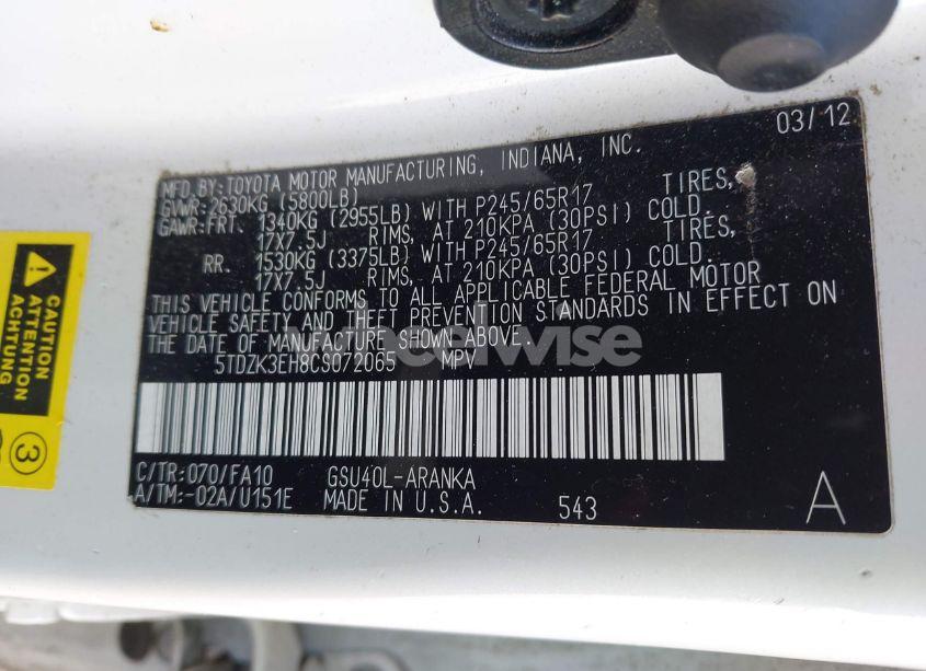 Photo 9 of 2012 Toyota Highlander BASE V6 (VIN 5TDZK3EH8CS072065)