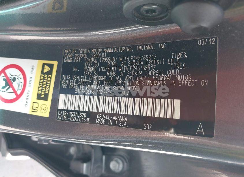 Photo 9 of 2012 Toyota Highlander SE V6 (VIN 5TDZK3EH8CS072714)