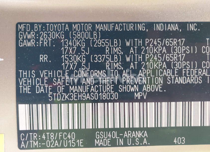 Photo 9 of 2010 Toyota Highlander BASE V6 (VIN 5TDZK3EH9AS018030)