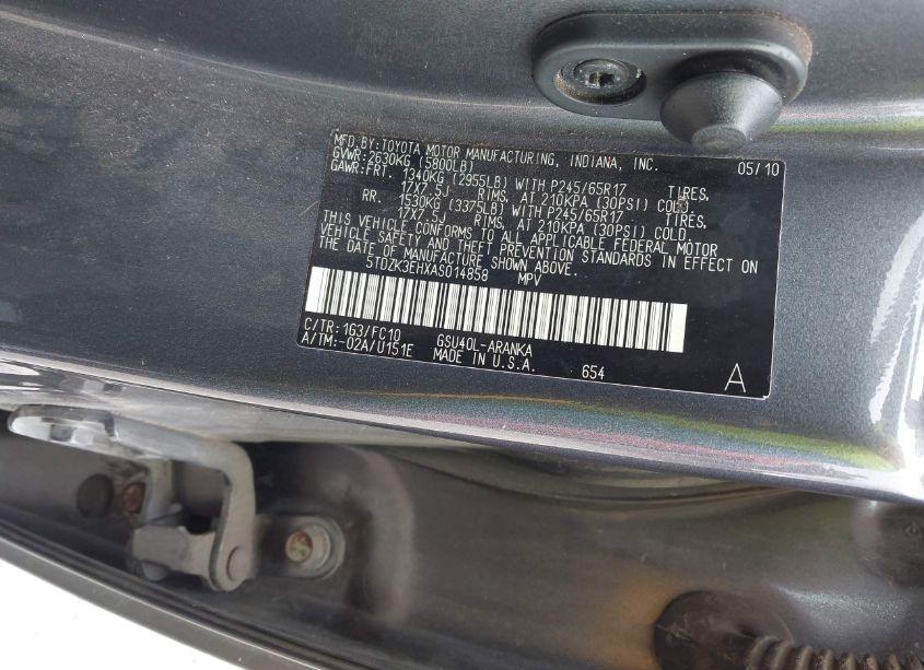 Photo 9 of 2010 Toyota Highlander BASE V6 (VIN 5TDZK3EHXAS014858)