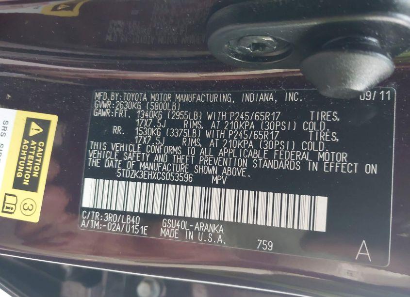 Photo 9 of 2012 Toyota Highlander SE V6 (VIN 5TDZK3EHXCS053596)