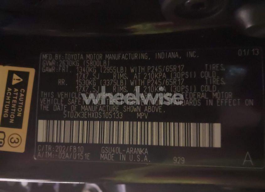 Photo 9 of 2013 Toyota Highlander BASE V6 (VIN 5TDZK3EHXDS105133)