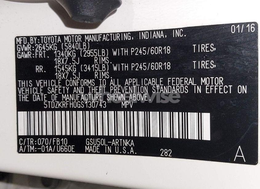 Photo 9 of 2016 Toyota Highlander LE V6 (VIN 5TDZKRFH0GS130743)