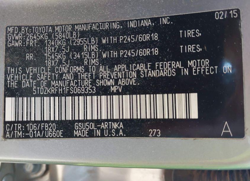 Photo 9 of 2015 Toyota Highlander LE V6 (VIN 5TDZKRFH1FS069353)