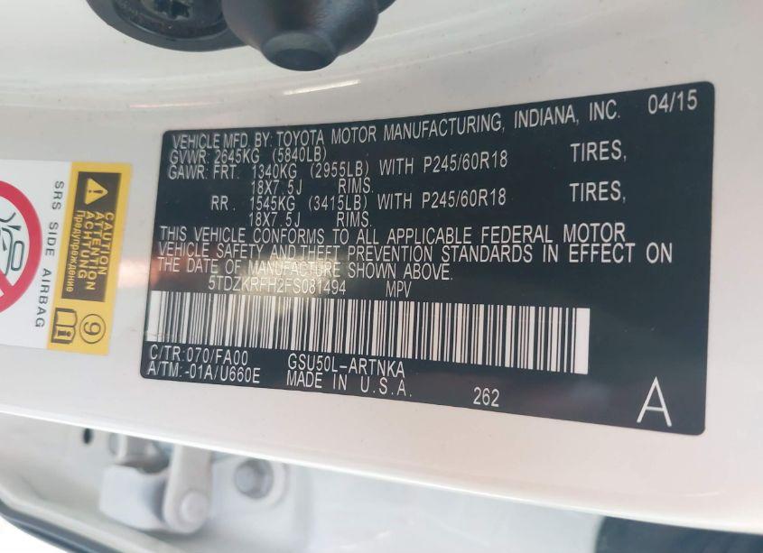 Photo 9 of 2015 Toyota Highlander LE/LE PLUS (VIN 5TDZKRFH2FS081494)