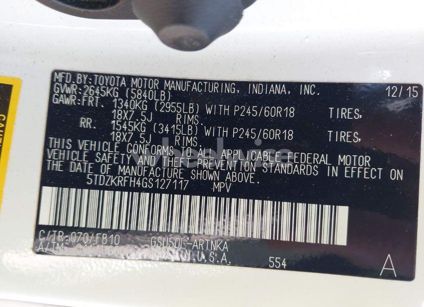 Photo 9 of 2016 Toyota Highlander LE V6 (VIN 5TDZKRFH4GS127117)