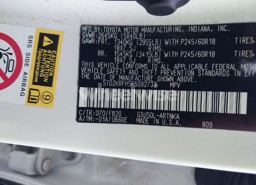 Photo 9 of 2015 Toyota Highlander LE V6 (VIN 5TDZKRFH5FS092733)