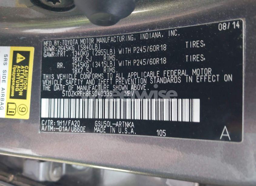 Photo 9 of 2015 Toyota Highlander LE PLUS V6 (VIN 5TDZKRFH8FS040335)