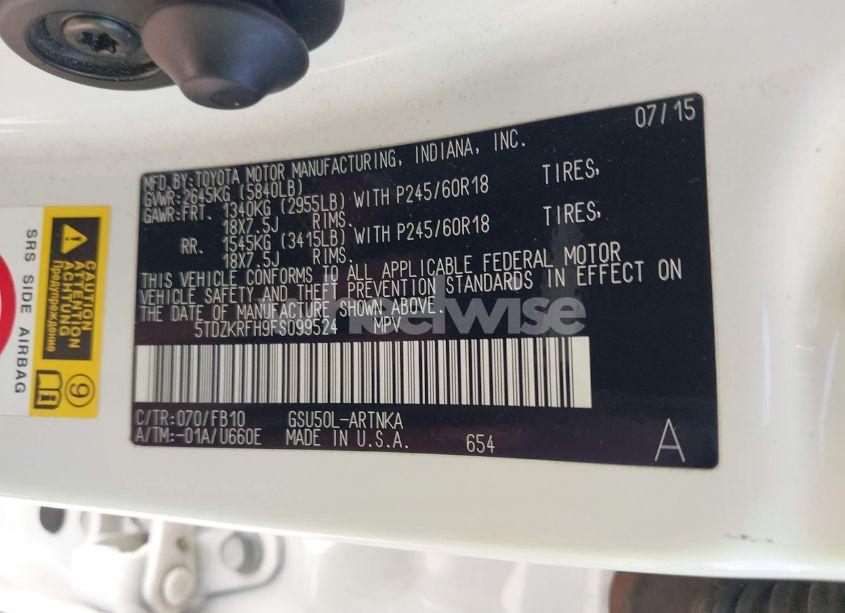 Photo 9 of 2015 Toyota Highlander LE V6 (VIN 5TDZKRFH9FS099524)