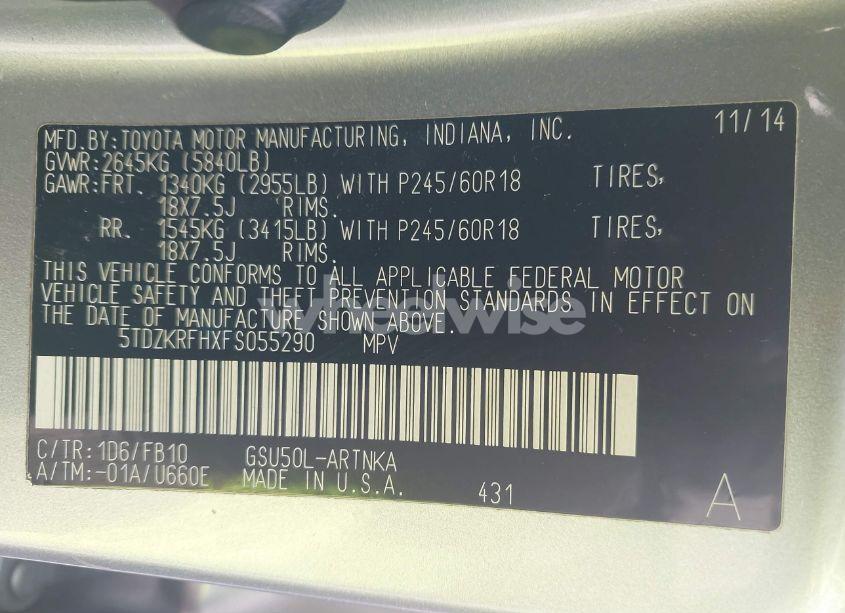 Photo 9 of 2015 Toyota Highlander LE V6 (VIN 5TDZKRFHXFS055290)