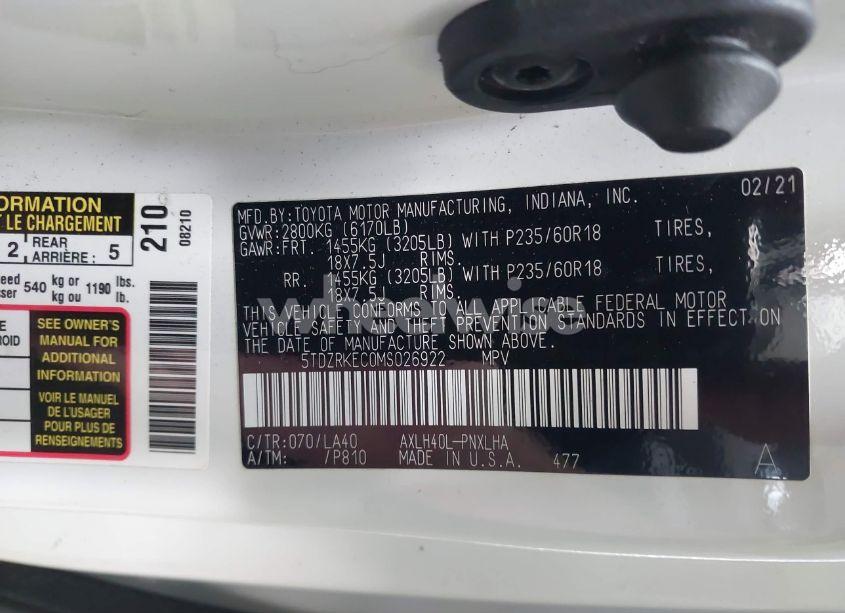 Photo 9 of 2021 Toyota Sienna LIMITED (VIN 5TDZRKEC0MS026922)