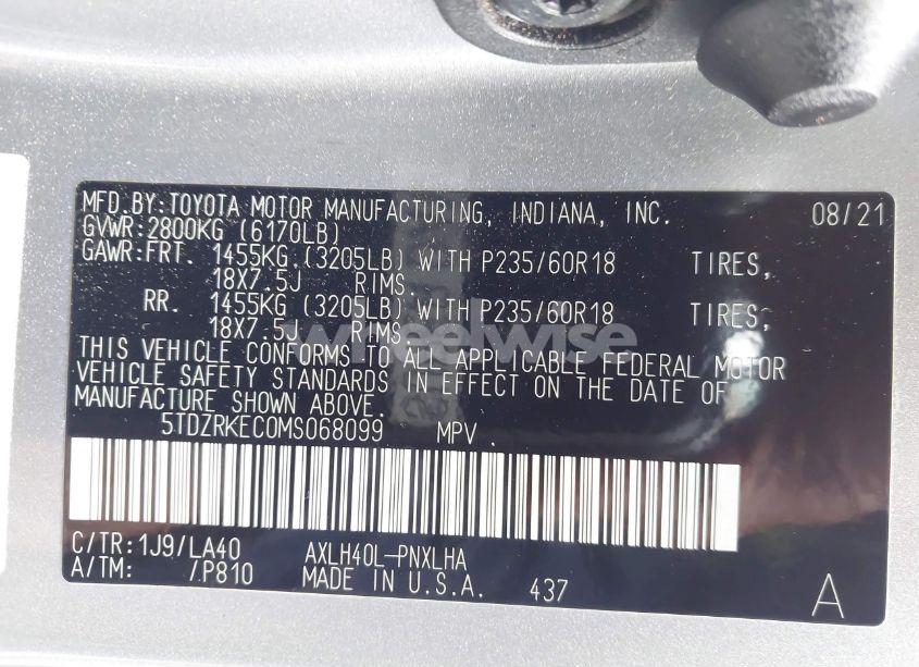 Photo 9 of 2021 Toyota Sienna LIMITED (VIN 5TDZRKEC0MS068099)
