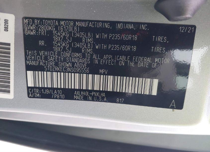 Photo 9 of 2022 Toyota Sienna LIMITED (VIN 5TDZRKEC3NS095556)