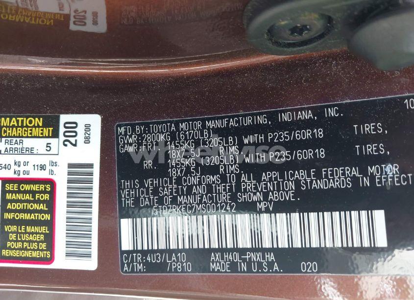 Photo 9 of 2021 Toyota Sienna LIMITED (VIN 5TDZRKEC7MS001242)