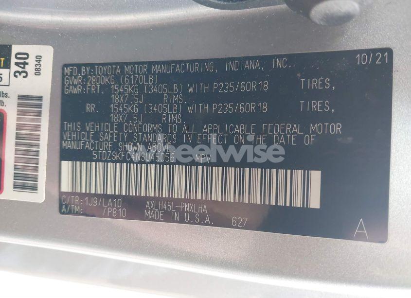 Photo 9 of 2022 Toyota Sienna LIMITED (VIN 5TDZSKFC4NS045056)