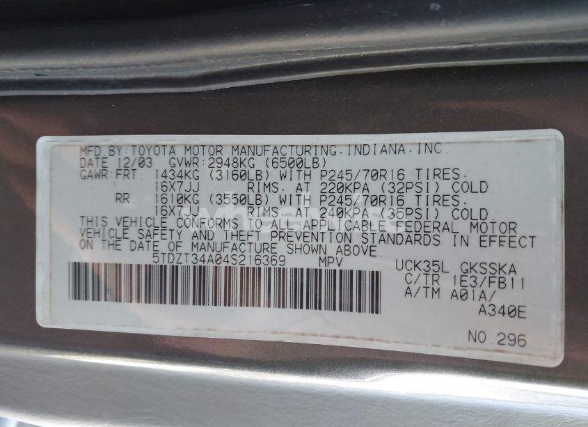 Photo 9 of 2004 Toyota Sequoia SR5 V8 (VIN 5TDZT34A04S216369)