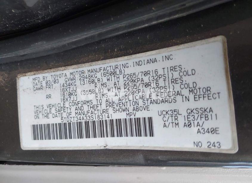 Photo 9 of 2003 Toyota Sequoia SR5 V8 (VIN 5TDZT34A33S183141)