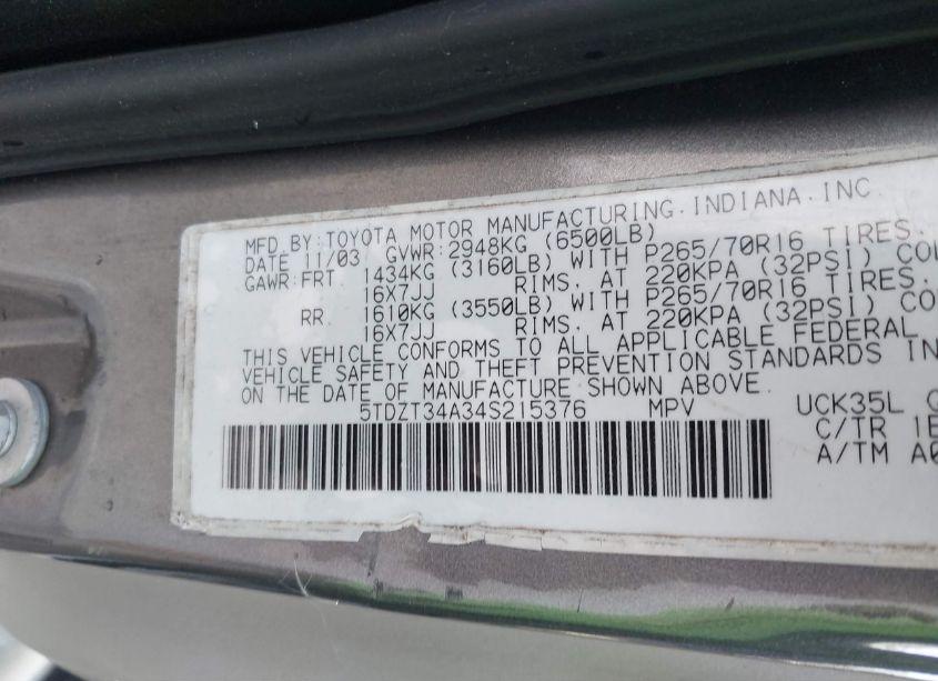 Photo 9 of 2004 Toyota Sequoia SR5 V8 (VIN 5TDZT34A34S215376)