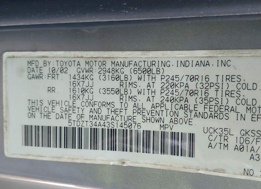 Photo 9 of 2003 Toyota Sequoia SR5 V8 (VIN 5TDZT34A43S145076)