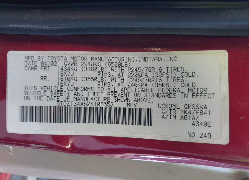 Photo 9 of 2002 Toyota Sequoia SR5 V8 (VIN 5TDZT34A52S108553)