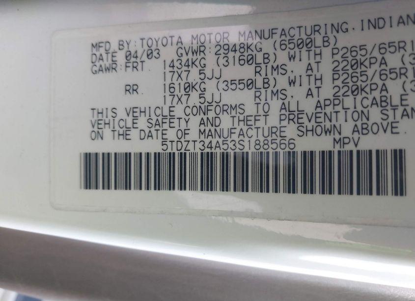 Photo 9 of 2003 Toyota Sequoia SR5 V8 (VIN 5TDZT34A53S188566)