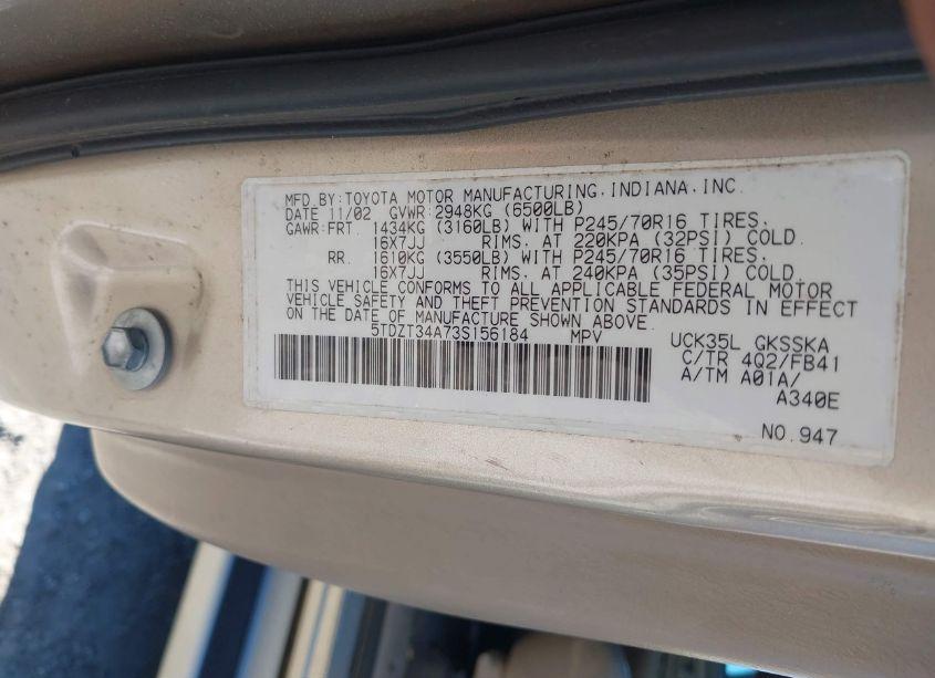 Photo 9 of 2003 Toyota Sequoia SR5 V8 (VIN 5TDZT34A73S156184)