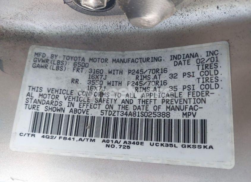 Photo 9 of 2001 Toyota Sequoia SR5 (VIN 5TDZT34A81S025388)