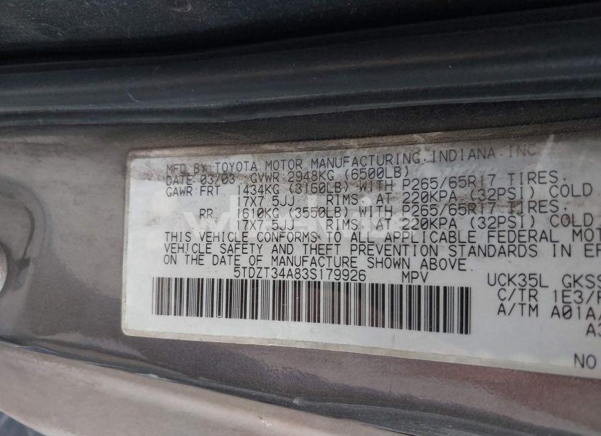 Photo 9 of 2003 Toyota Sequoia SR5 V8 (VIN 5TDZT34A83S179926)