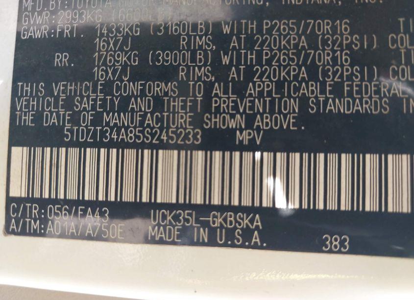 Photo 9 of 2005 Toyota Sequoia SR5 V8 (VIN 5TDZT34A85S245233)