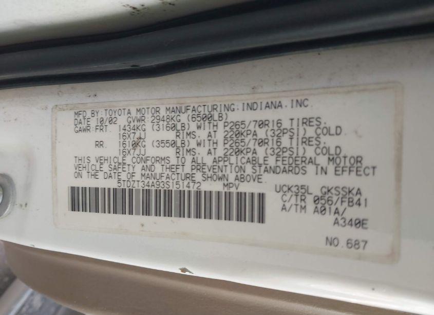 Photo 9 of 2003 Toyota Sequoia SR5 V8 (VIN 5TDZT34A93S151472)