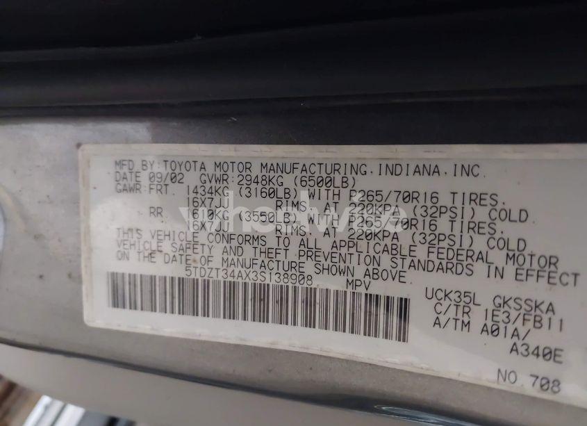 Photo 9 of 2003 Toyota Sequoia SR5 V8 (VIN 5TDZT34AX3S138908)