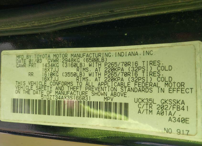 Photo 9 of 2003 Toyota Sequoia SR5 V8 (VIN 5TDZT34AX3S166031)