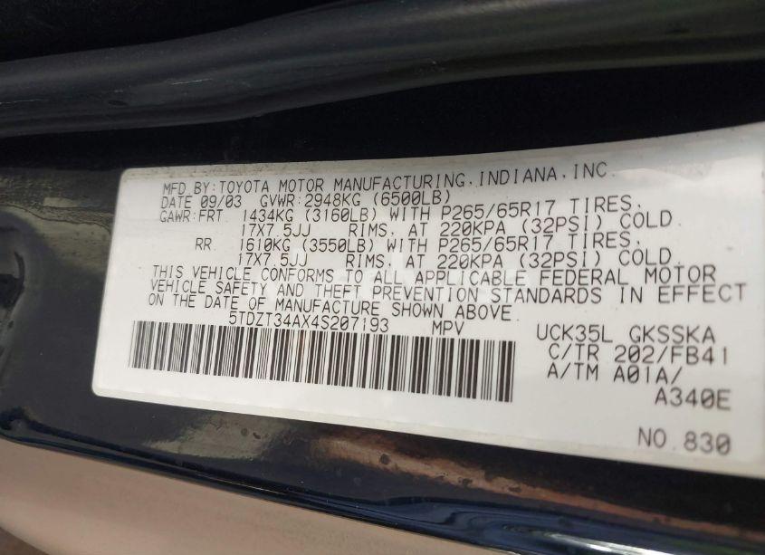 Photo 9 of 2004 Toyota Sequoia SR5 V8 (VIN 5TDZT34AX4S207193)