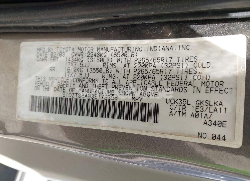 Photo 9 of 2003 Toyota Sequoia LIMITED V8 (VIN 5TDZT38A03S172396)