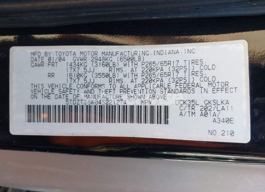 Photo 9 of 2004 Toyota Sequoia LIMITED V8 (VIN 5TDZT38A04S221274)