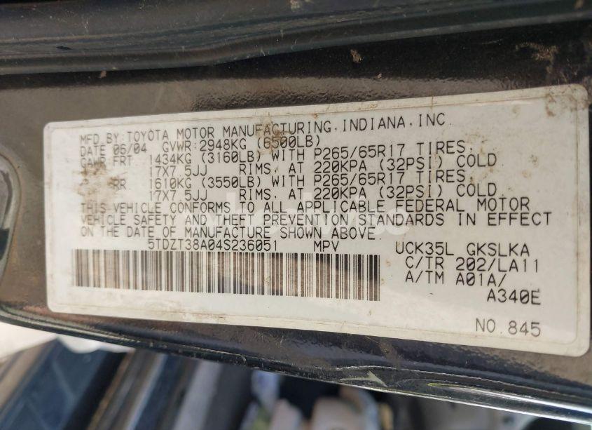 Photo 9 of 2004 Toyota Sequoia LIMITED (VIN 5TDZT38A04S236051)