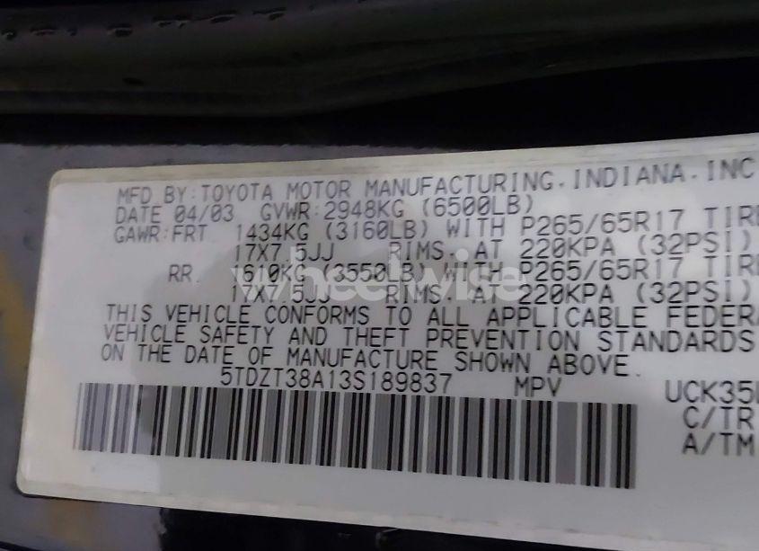 Photo 9 of 2003 Toyota Sequoia LIMITED V8 (VIN 5TDZT38A13S189837)