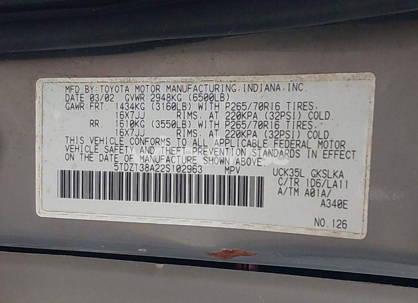 Photo 9 of 2002 Toyota Sequoia LIMITED V8 (VIN 5TDZT38A22S102963)