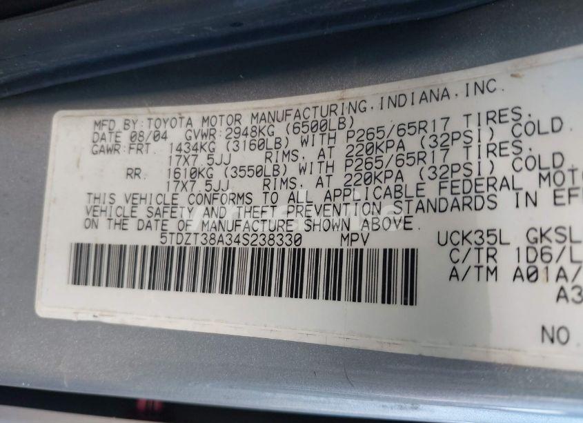 Photo 9 of 2004 Toyota Sequoia LIMITED V8 (VIN 5TDZT38A34S238330)