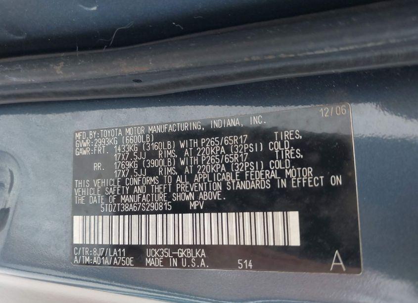 Photo 9 of 2007 Toyota Sequoia LIMITED V8 (VIN 5TDZT38A67S290815)