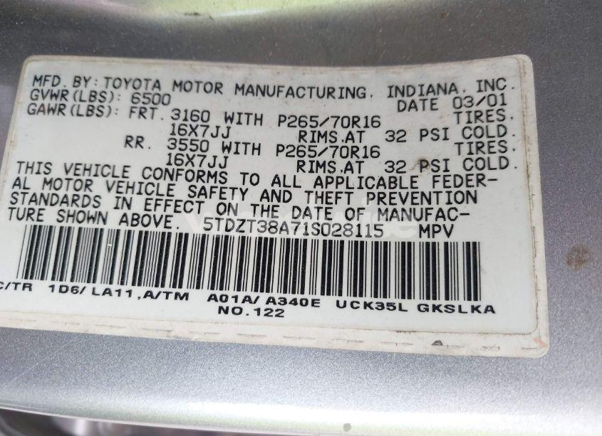 Photo 9 of 2001 Toyota Sequoia LIMITED V8 (VIN 5TDZT38A71S028115)