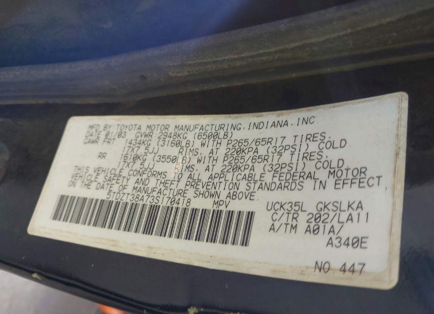 Photo 9 of 2003 Toyota Sequoia LIMITED V8 (VIN 5TDZT38A73S170418)