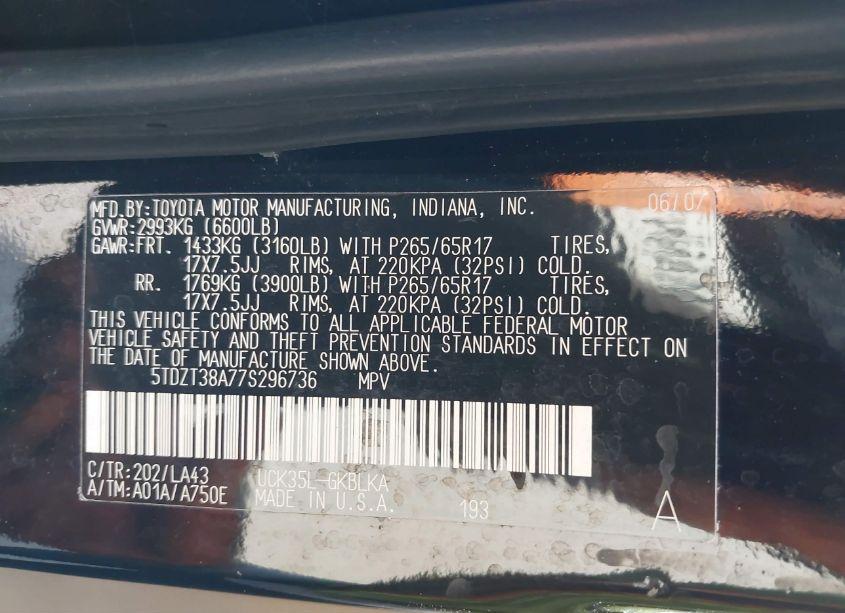 Photo 9 of 2007 Toyota Sequoia LIMITED V8 (VIN 5TDZT38A77S296736)