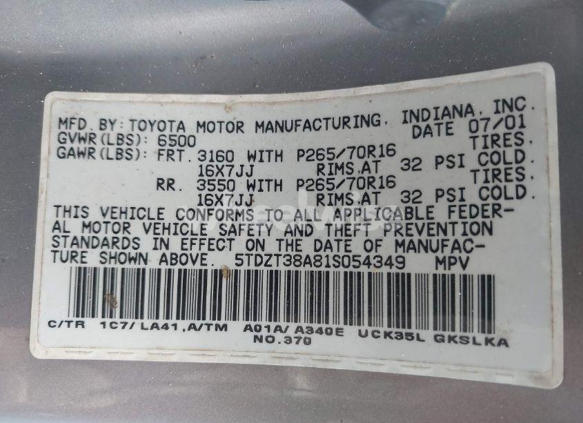 Photo 9 of 2001 Toyota Sequoia LIMITED V8 (VIN 5TDZT38A81S054349)