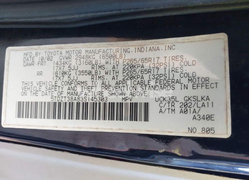 Photo 9 of 2003 Toyota Sequoia LIMITED V8 (VIN 5TDZT38A83S145303)