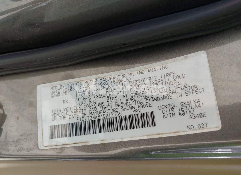 Photo 9 of 2004 Toyota Sequoia LIMITED V8 (VIN 5TDZT38A84S217585)