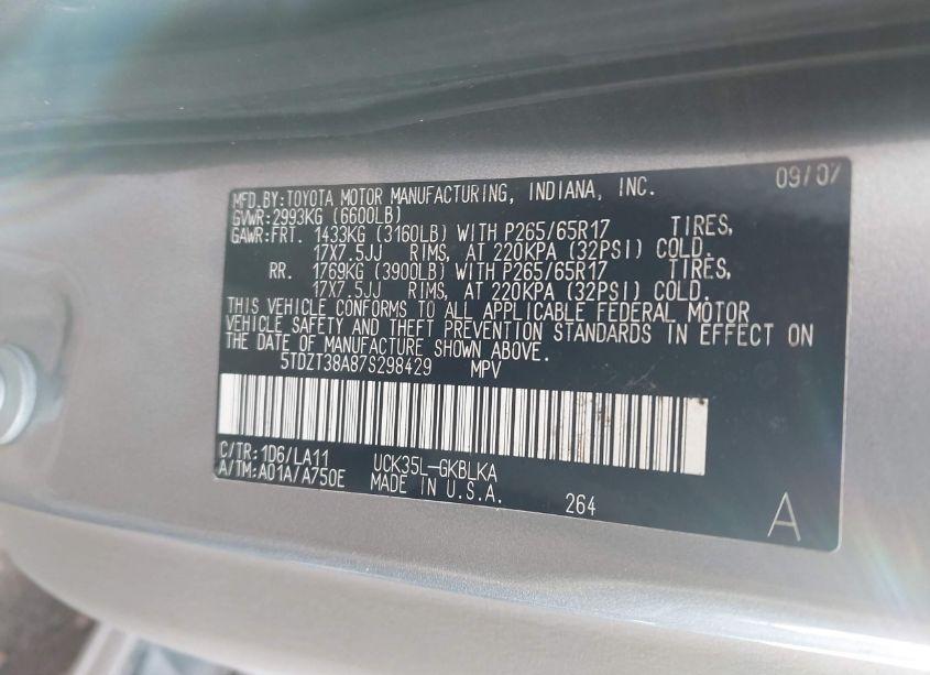 Photo 9 of 2007 Toyota Sequoia LIMITED V8 (VIN 5TDZT38A87S298429)