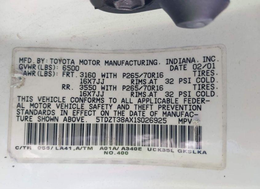 Photo 9 of 2001 Toyota Sequoia LIMITED V8 (VIN 5TDZT38AX1S026925)