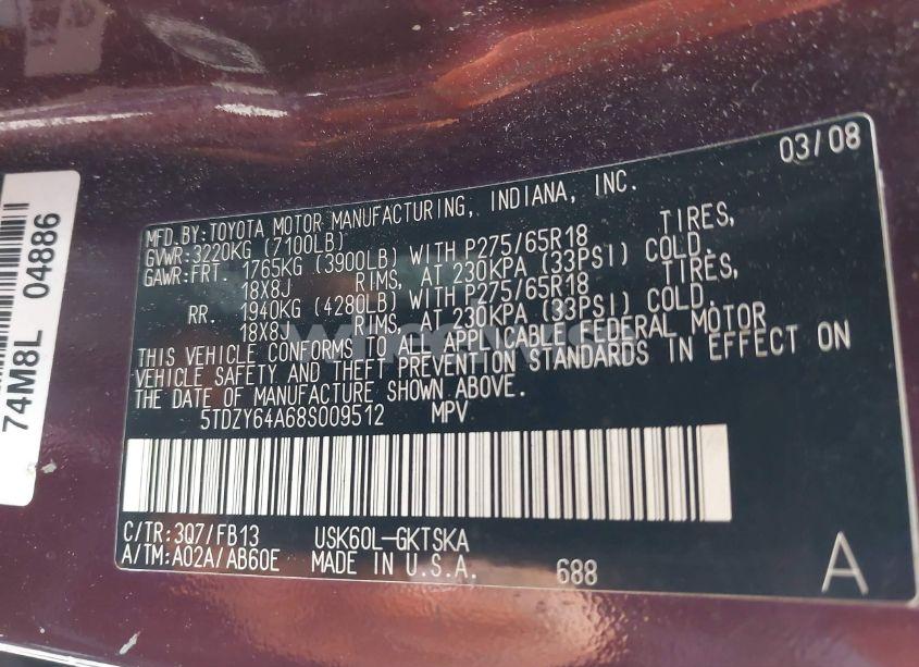 Photo 9 of 2008 Toyota Sequoia SR5 5.7L V8 (VIN 5TDZY64A68S009512)