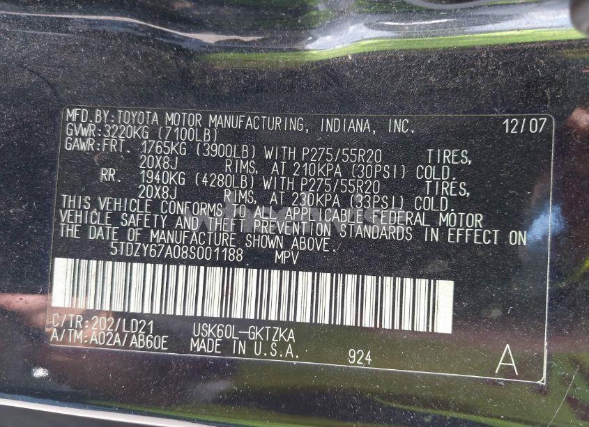 Photo 9 of 2008 Toyota Sequoia PLATINUM 5.7L V8 (VIN 5TDZY67A08S001188)